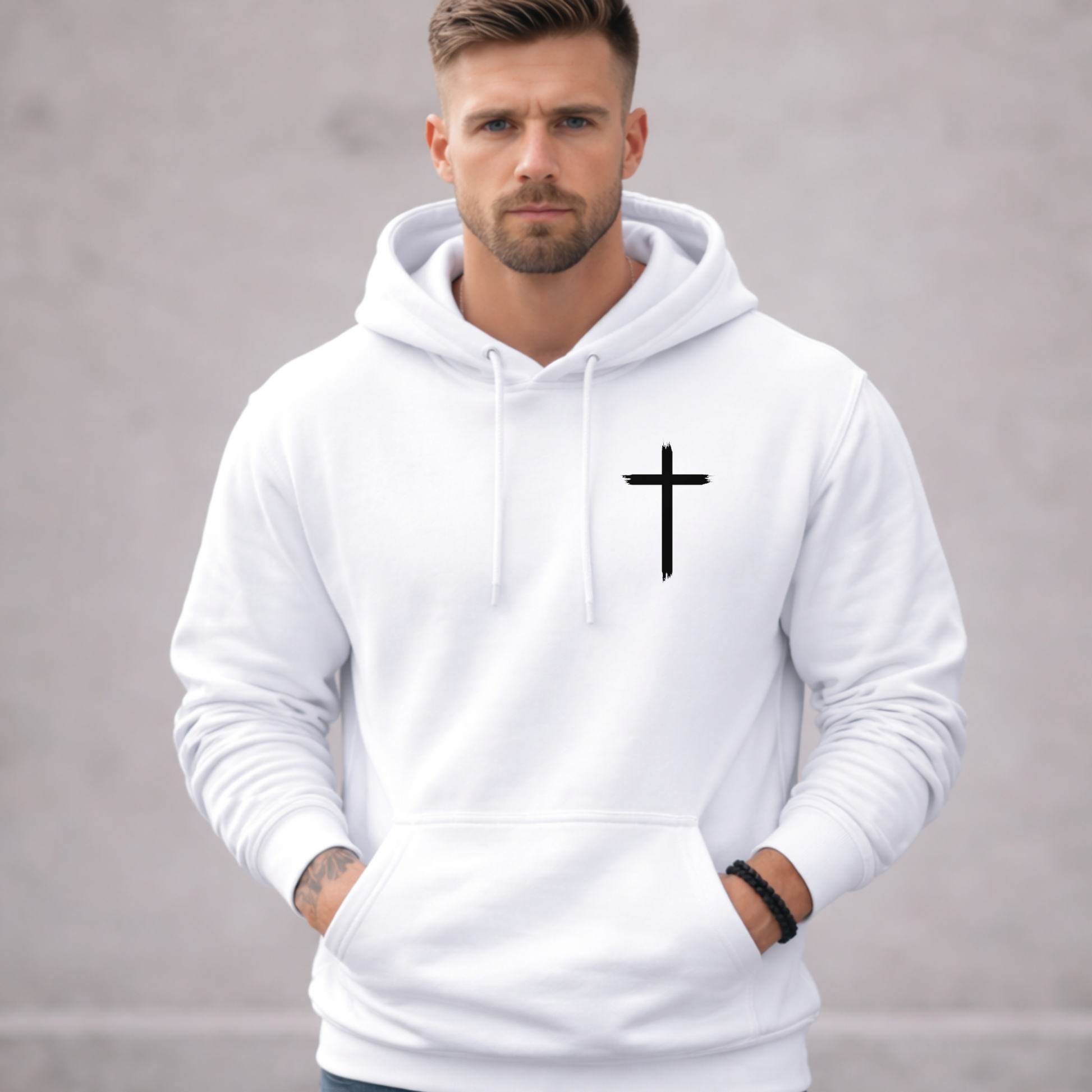 White Christian hoodie front with small black cross chest design