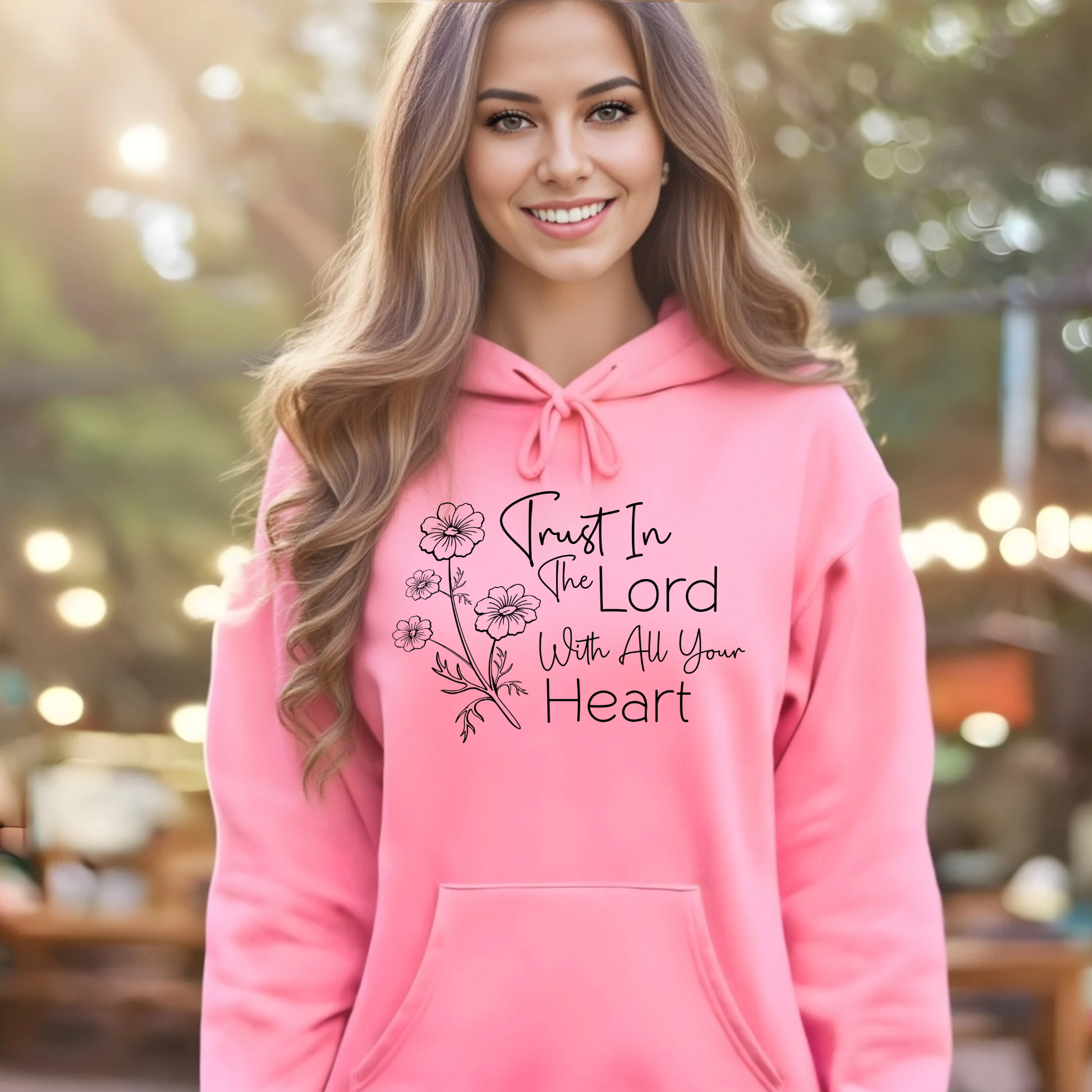 Woman wearing a pink hoodie with a motivational quote outdoors.
