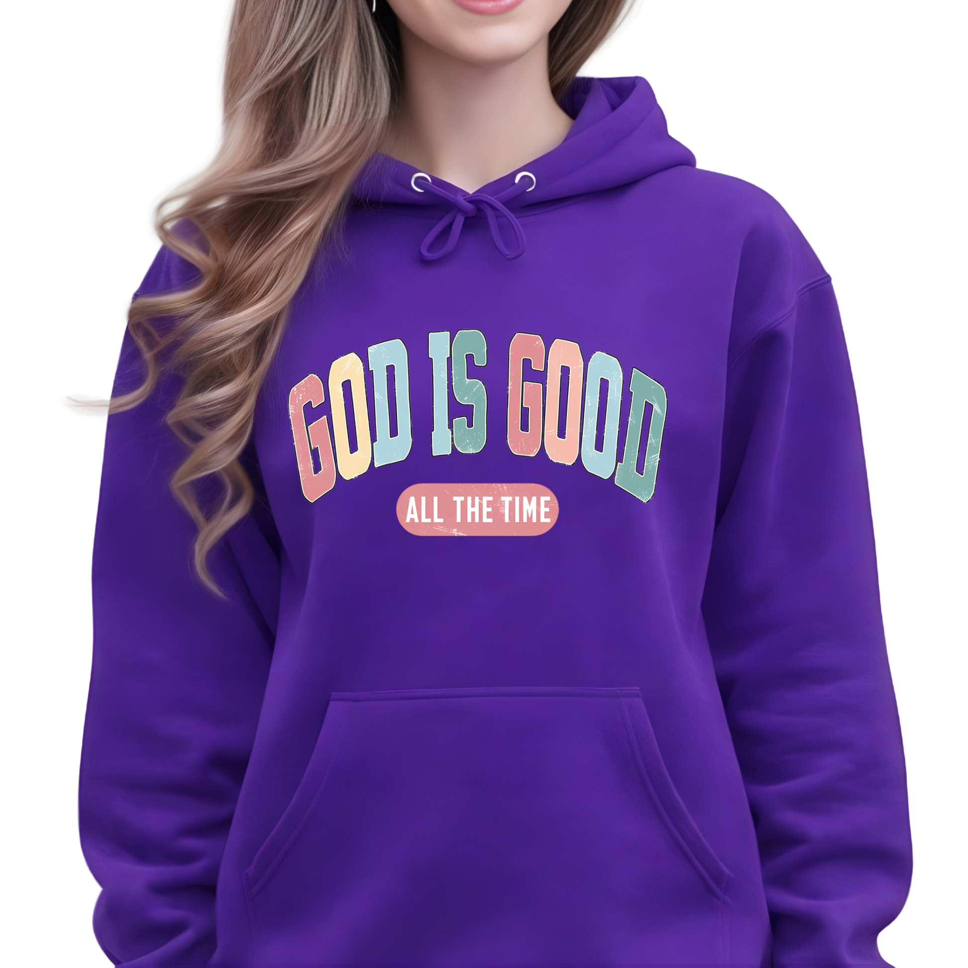 Purple hoodie with 'GOD IS GOOD ALL THE TIME' text on a white background