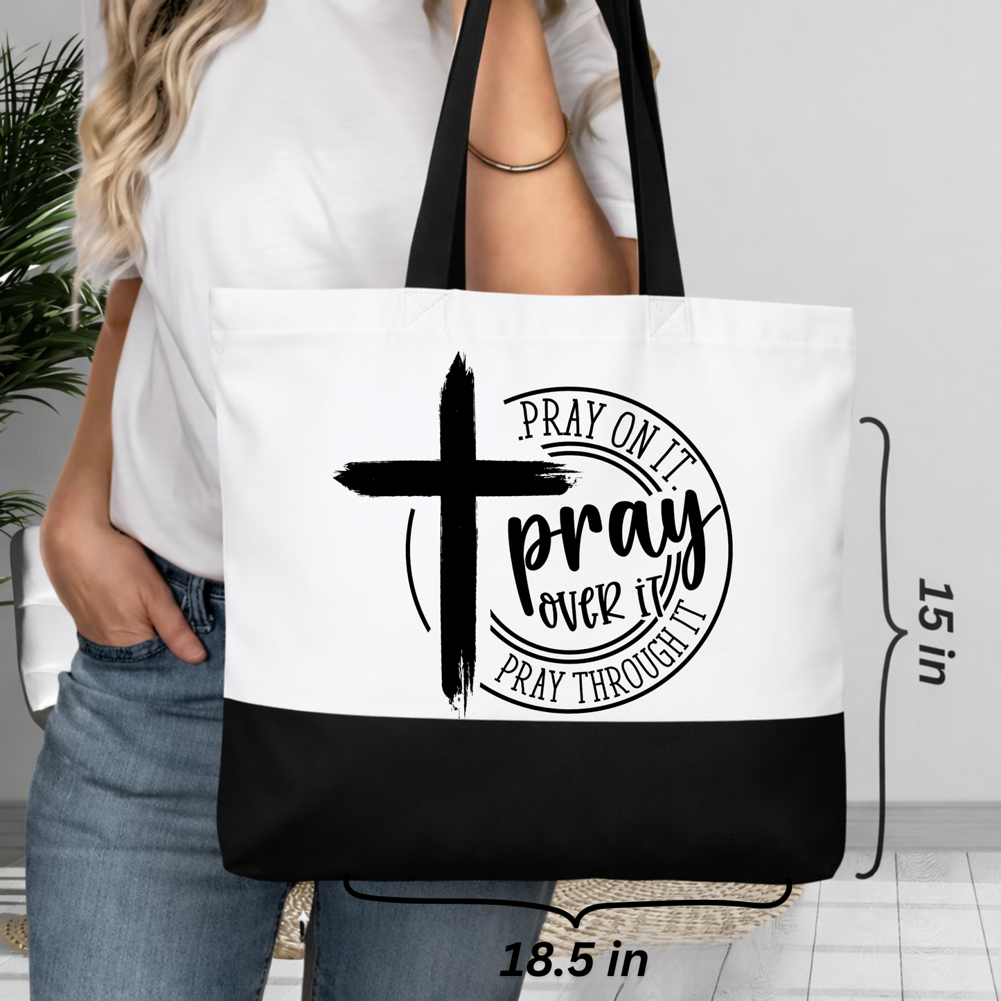 Pray On It Faith Tote Bag – Black & White Canvas Carryall