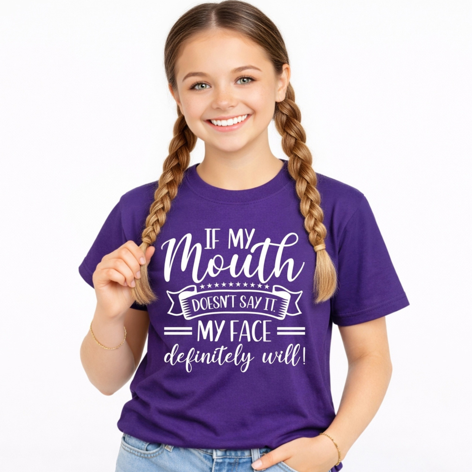 Girls purple graphic t-shirt funny saying youth shirt if my mouth doesnt say it my face definitely will outdoor mockup
