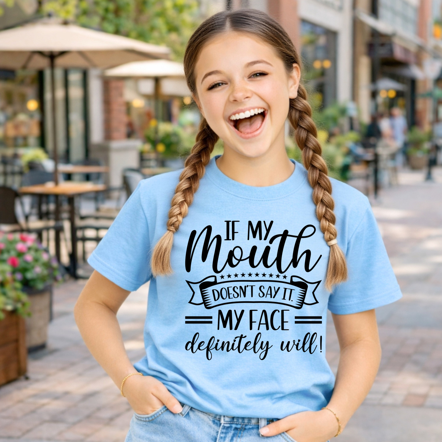 Girls light blue graphic t-shirt funny youth shirt if my mouth doesnt say it my face definitely will lifestyle mockup