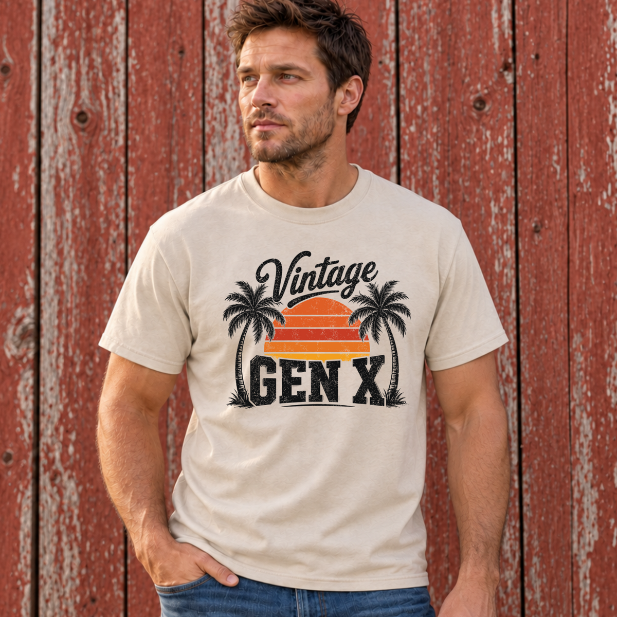Man wearing a sand Vintage Gen X T-shirt with black palm trees and a striped orange sunset in front of a red barn wall.