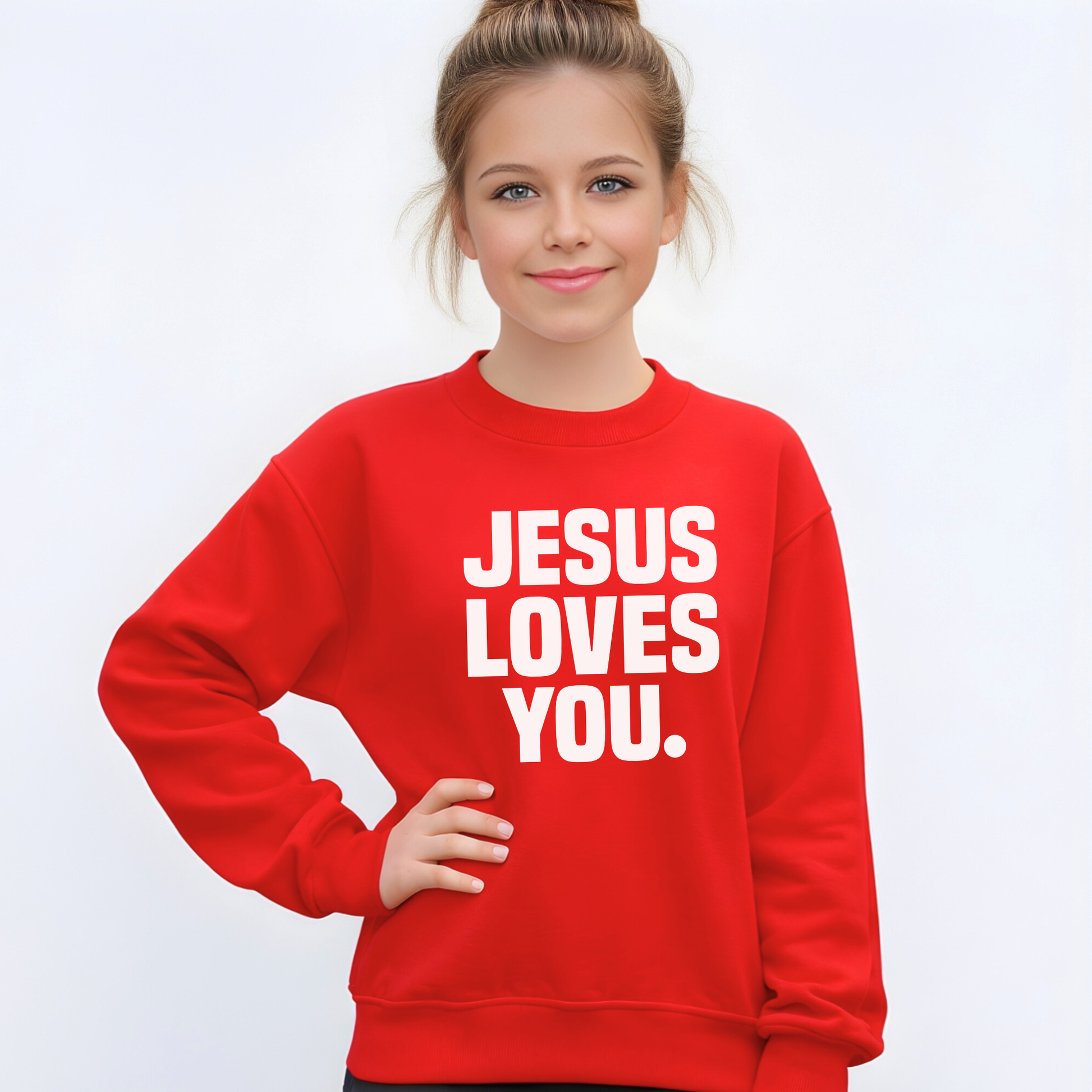 Red sweatshirt with 'Jesus Loves You' text worn by a person on a white background