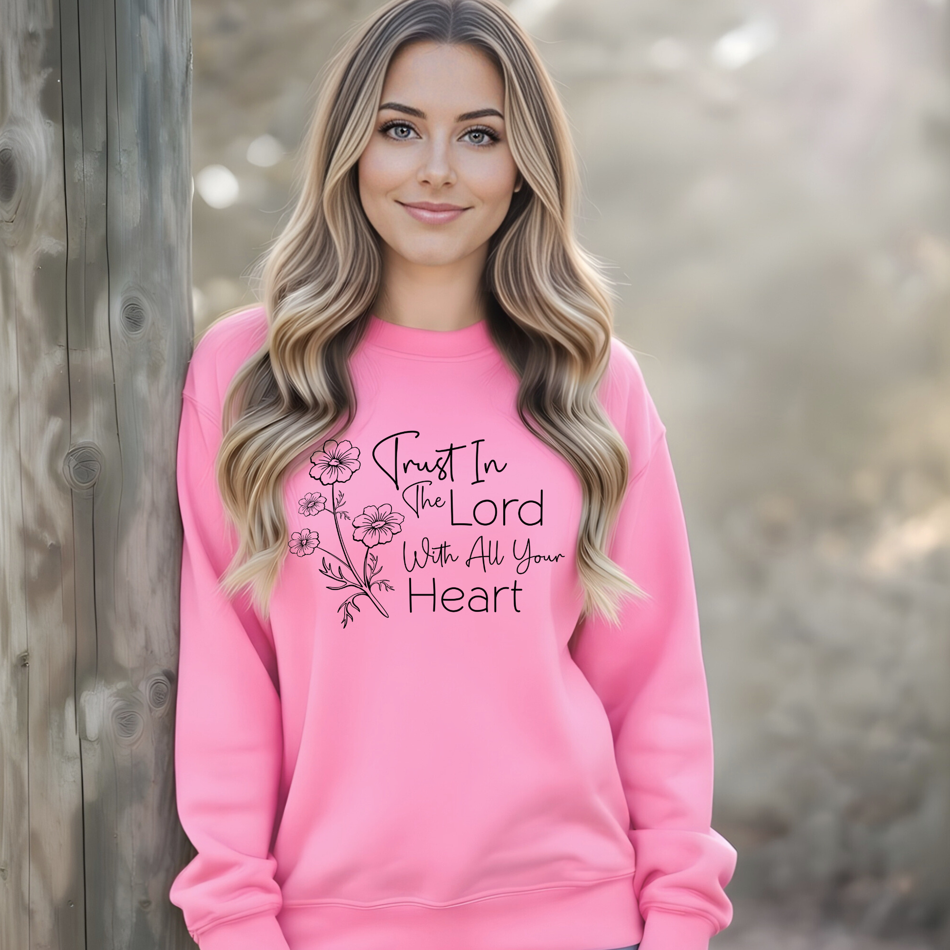 Woman wearing a pink sweatshirt with a motivational quote against a natural background