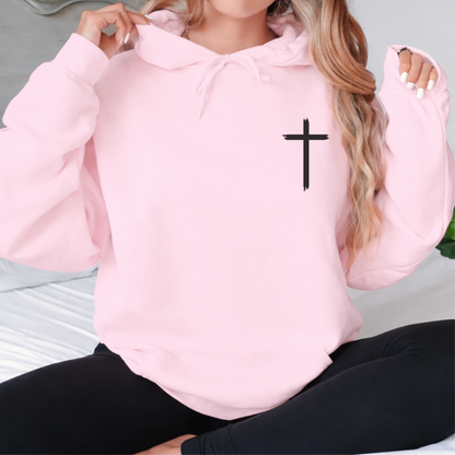 Pink Christian hoodie with front cross and vertical “Jesus The Way The Truth The Life” design on back
