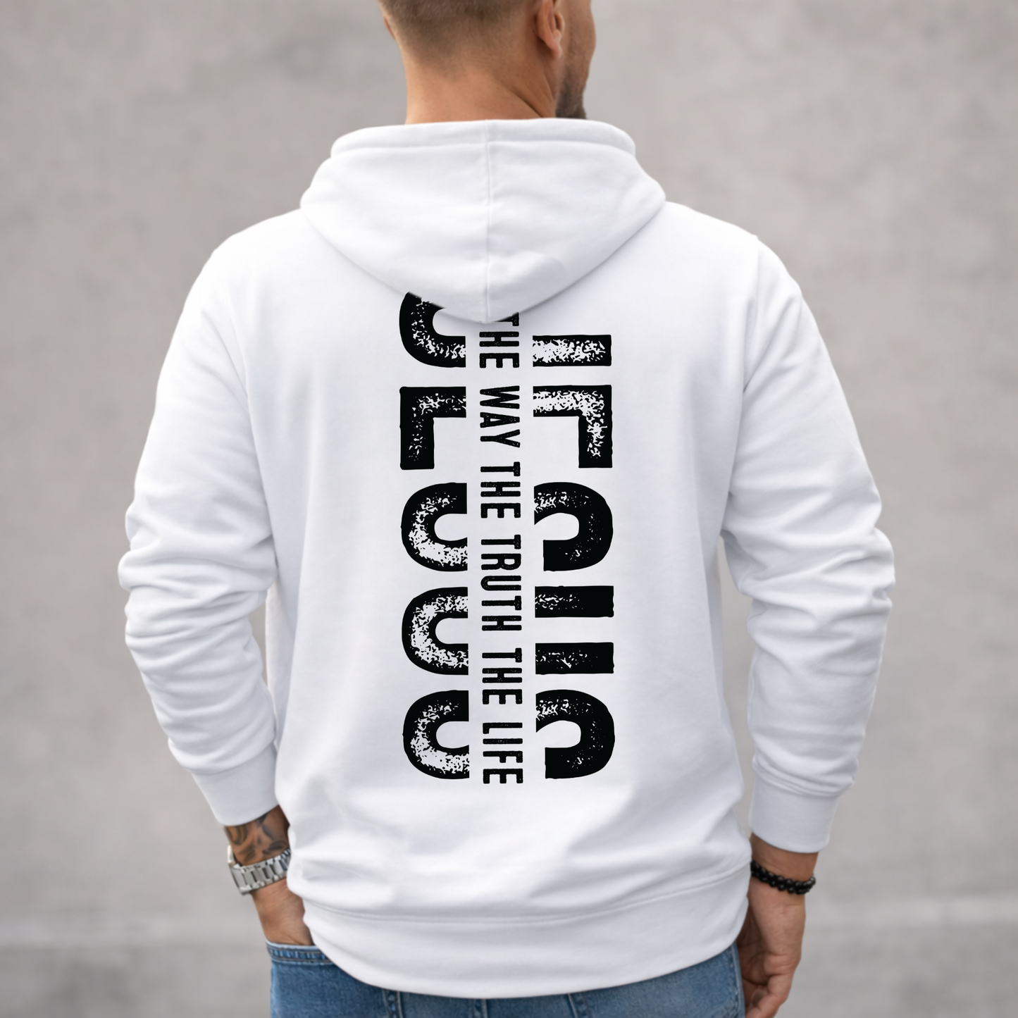 White Christian hoodie back with bold Jesus The Way The Truth The Life vertical graphic