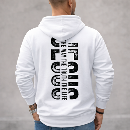 White Christian hoodie back with bold Jesus The Way The Truth The Life vertical graphic