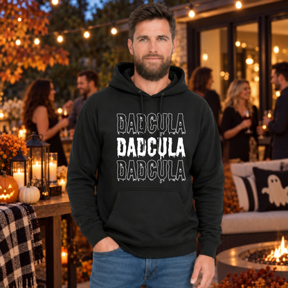 Man wearing the funny DADCULA graphic apparel design for Halloween and spooky season.
