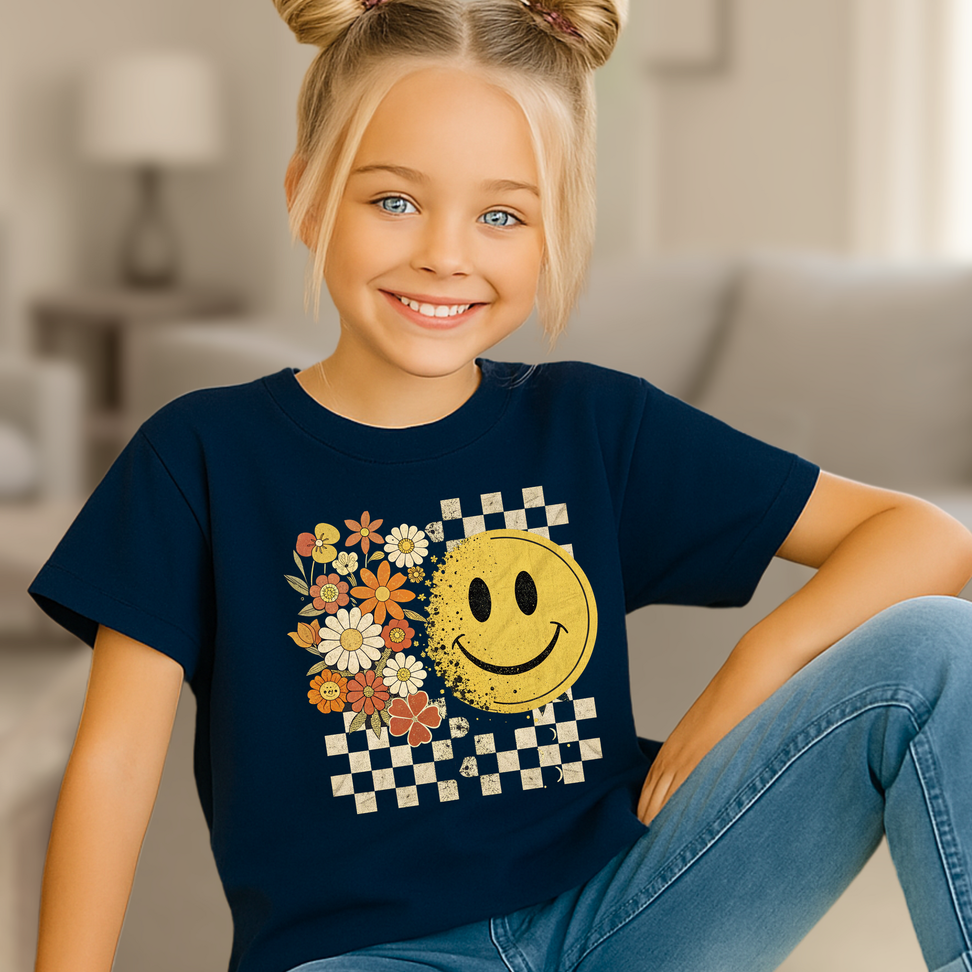 Youth girl wearing fall smiley face t-shirt with floral and checkerboard design
