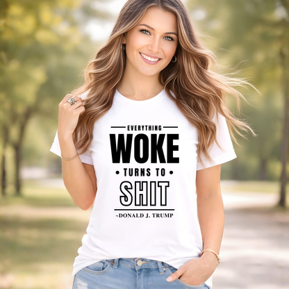 Smiling woman wearing white t-shirt with bold conservative quote graphic outdoors – The Right Side Prints

