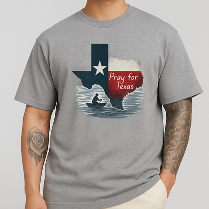 Gray unisex Pray for Texas graphic tee with rustic Texas flag and canoe design. A comfortable, casual shirt ideal for Texas pride and everyday wear.
