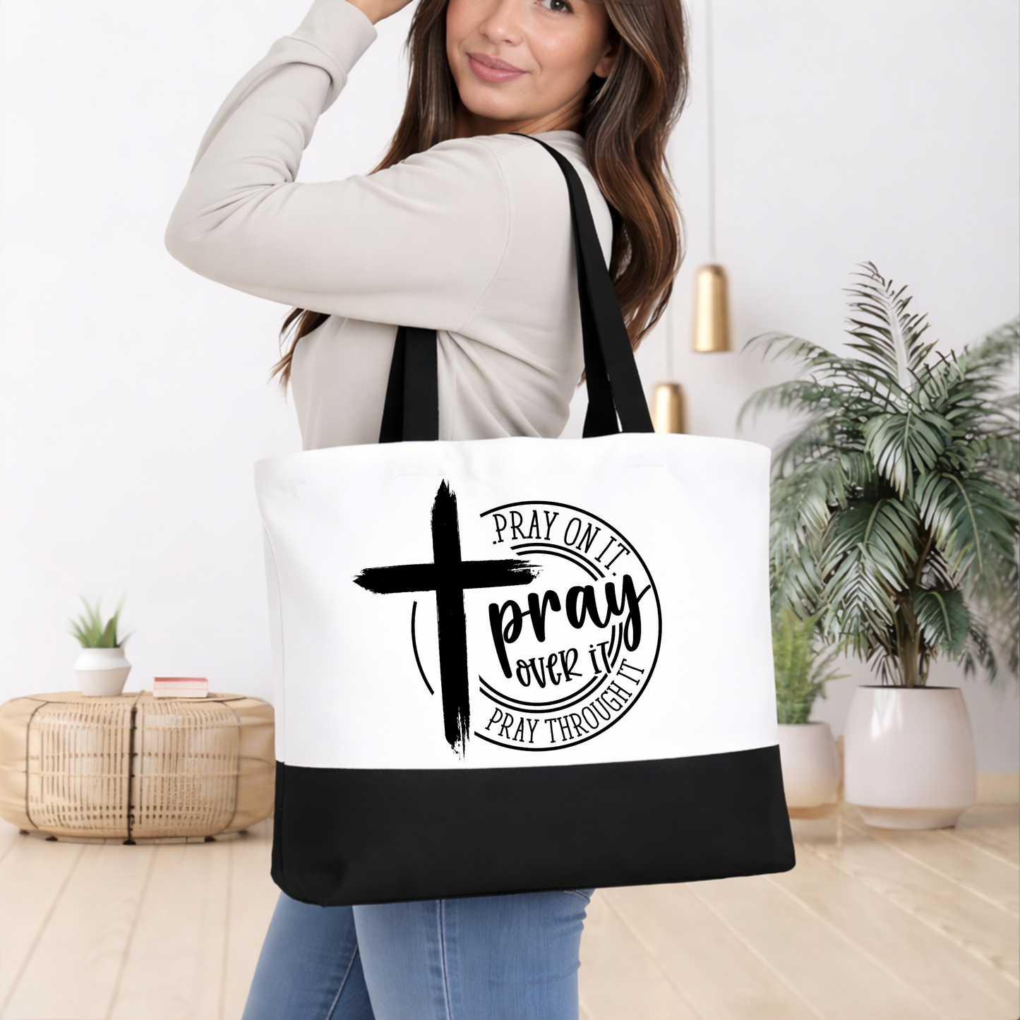Pray On It Faith Tote Bag – Black & White Canvas Carryall