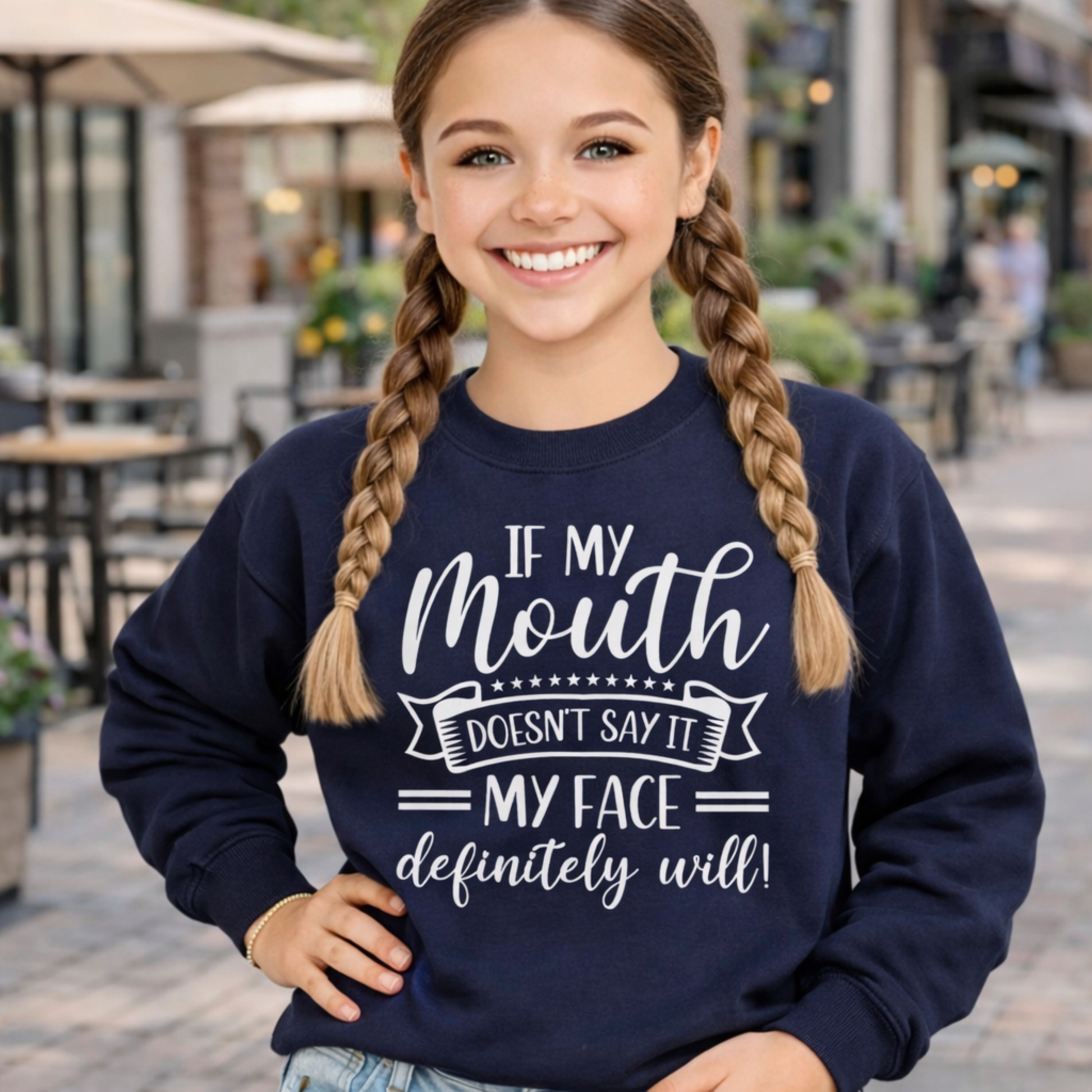 Girls navy blue crewneck sweatshirt funny saying youth sweatshirt if my mouth doesnt say it my face definitely will outdoor