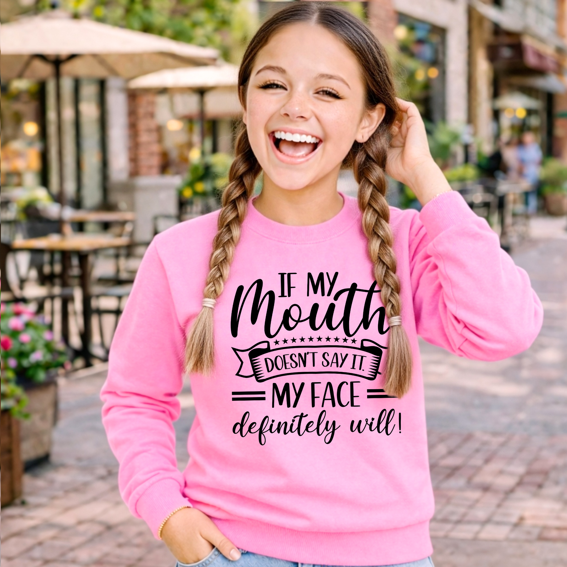 Girls pink crewneck sweatshirt funny saying if my mouth doesnt say it my face definitely will youth sweatshirt outdoor lifestyle
