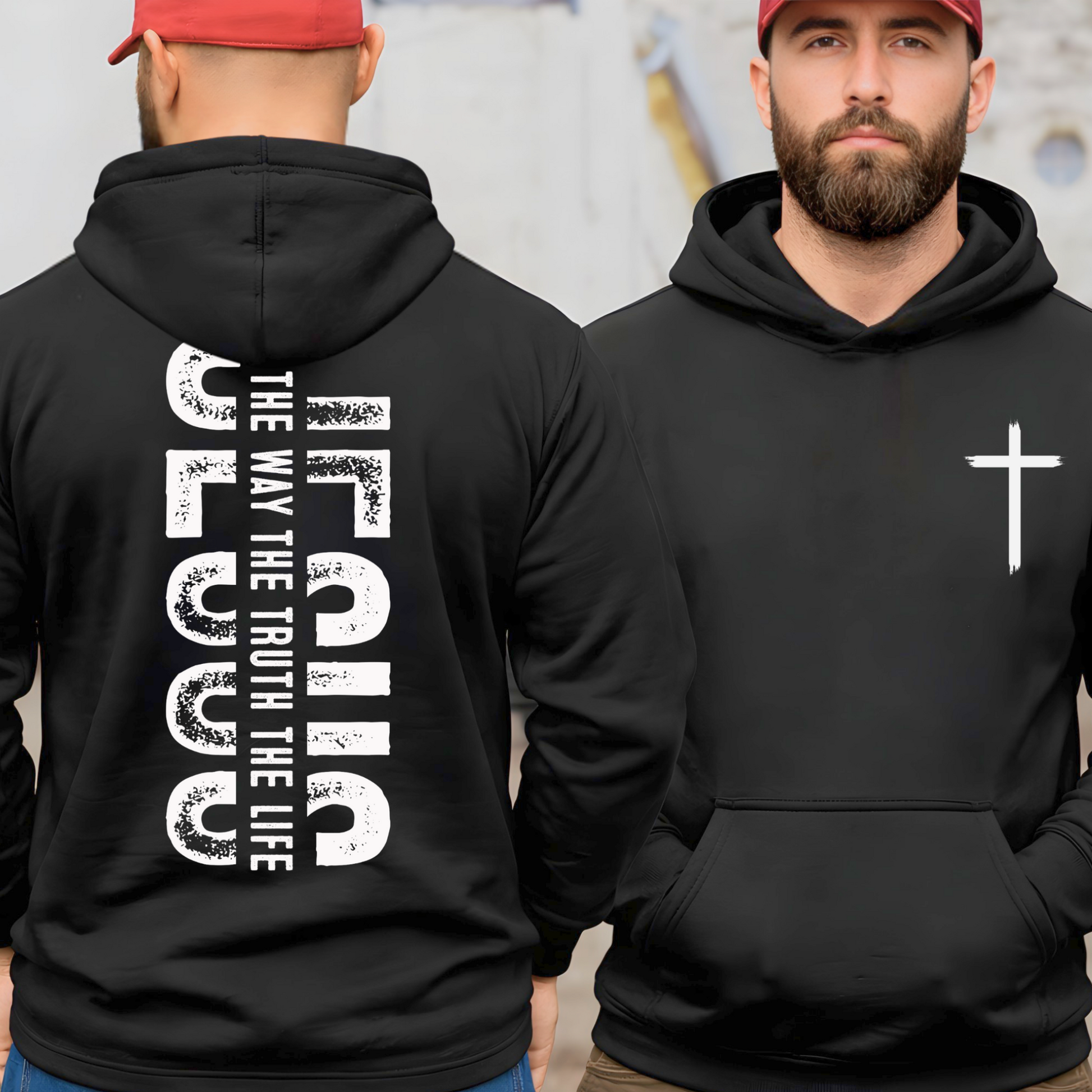 Black Christian hoodie front and back with white cross chest design and Jesus The Way The Truth The Life print