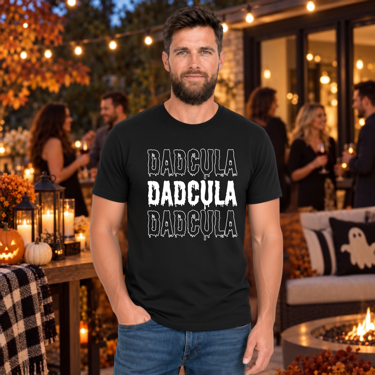 Front view of a man modeling the funny DADCULA vampire dad Halloween design.