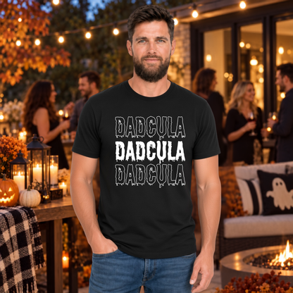 Front view of a man modeling the funny DADCULA vampire dad Halloween design.