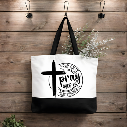 Pray On It Faith Tote Bag – Black & White Canvas Carryall