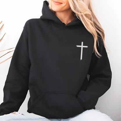 Black Christian hoodie with front cross and vertical “Jesus The Way The Truth The Life” design on back