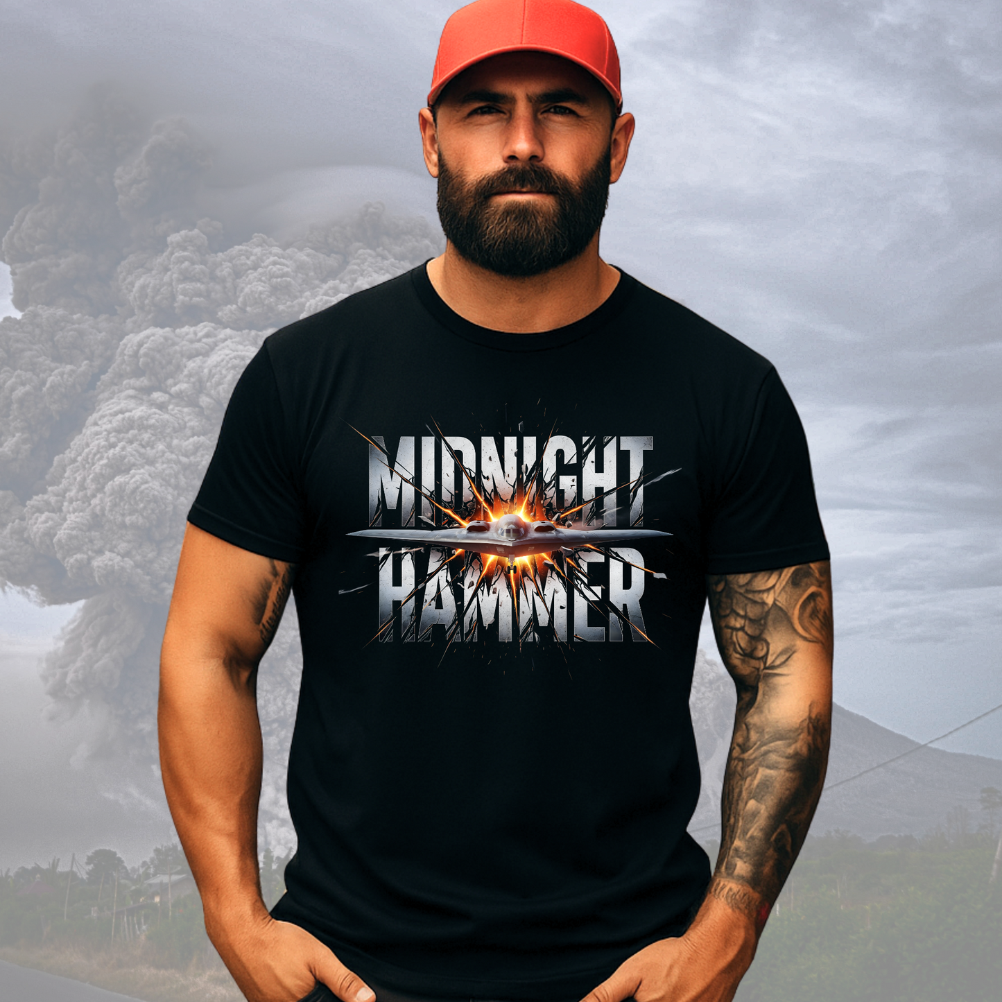 Bearded man in red cap wearing Midnight Hammer stealth bomber shirt – military graphic T-shirt outdoor