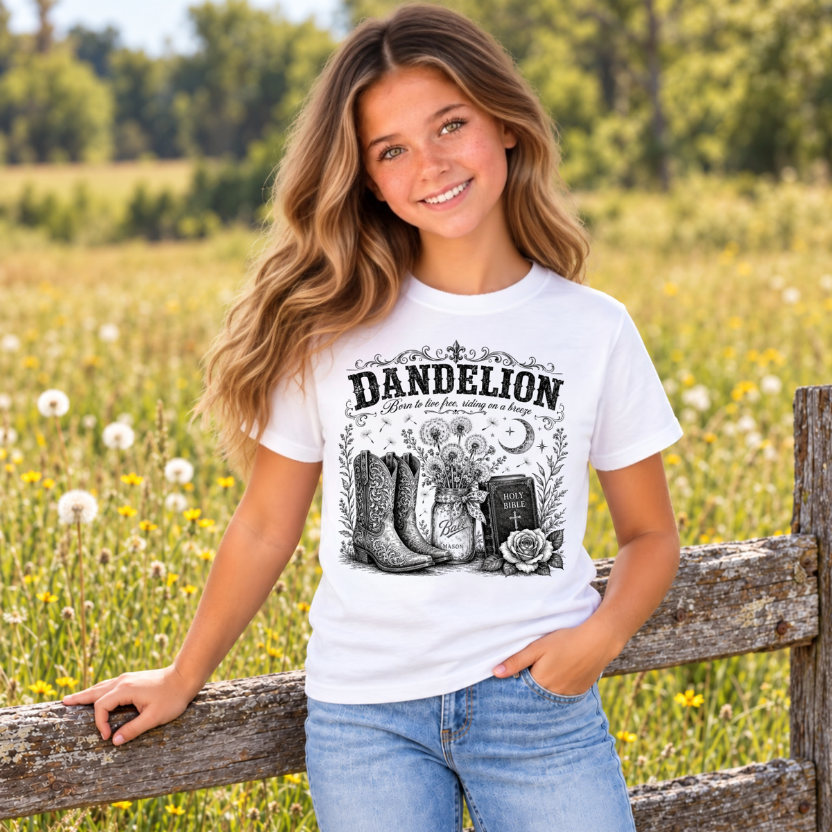 Girl wearing a white youth Dandelion graphic T-shirt with cowboy boots, Bible and flowers, leaning on a wooden meadow fence.