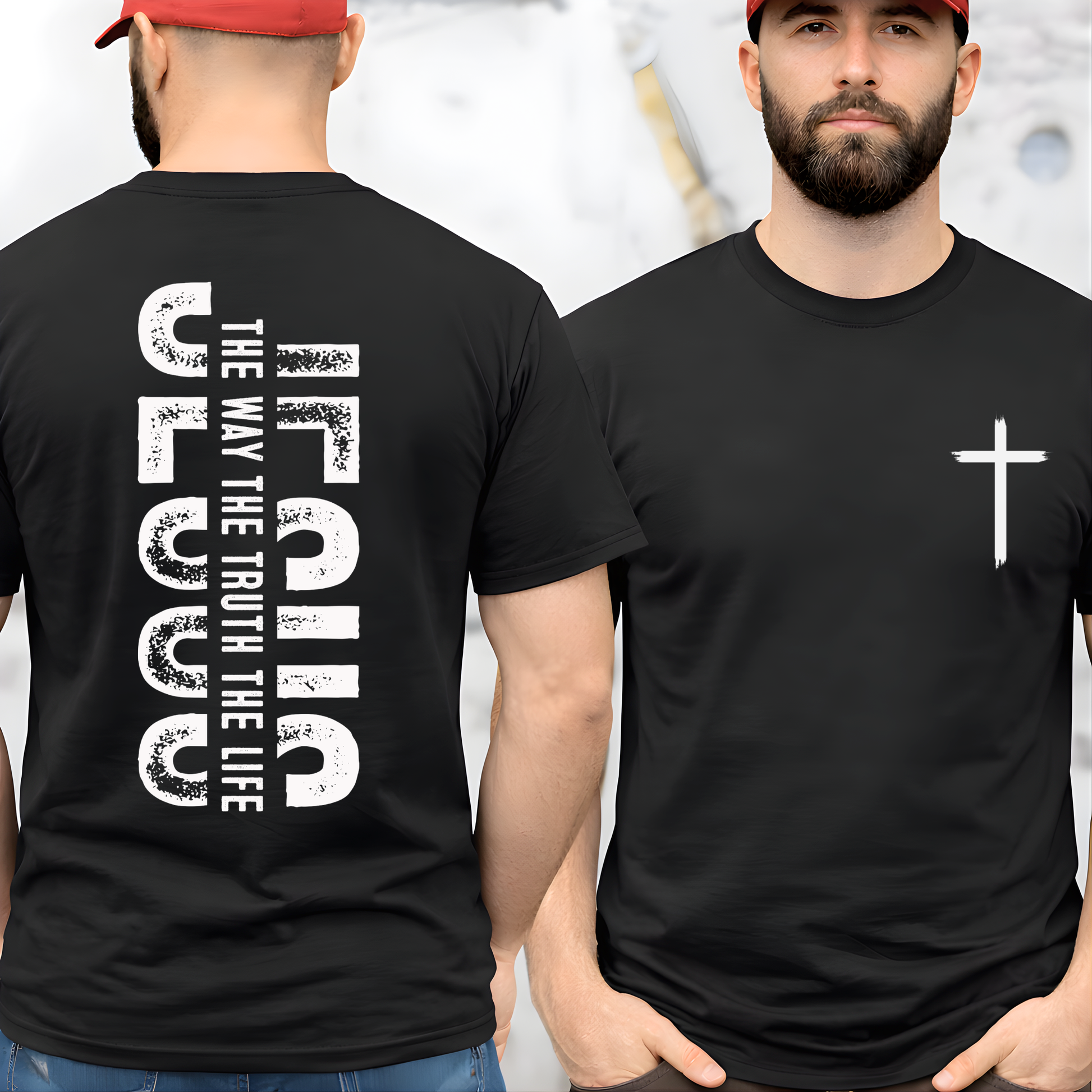 Black Christian t-shirt with black cross on chest and distressed Jesus The Way The Truth The Life back design