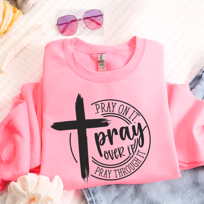 Pink Pray Over It Christian sweatshirt flat lay with cross faith design