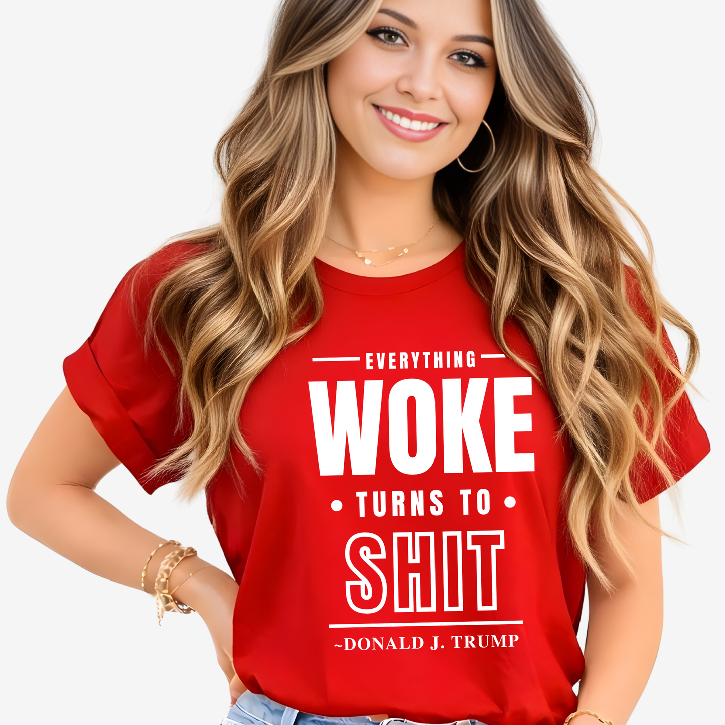 Woman wearing red t-shirt with bold white conservative quote graphic – The Right Side Prints

