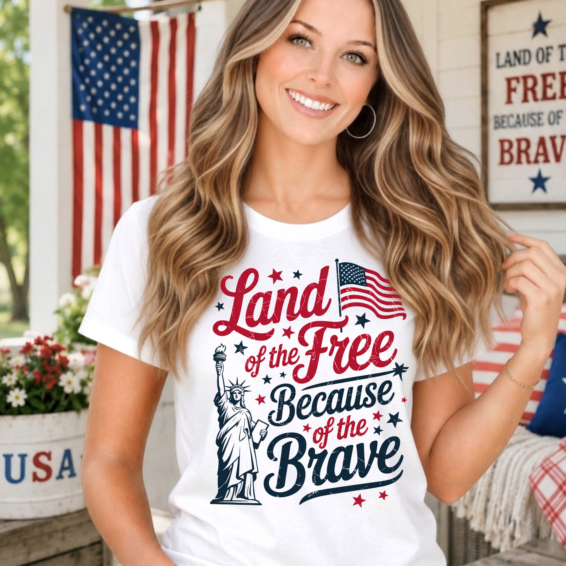 Woman wearing a 'Land of the Free Because of the Brave' t-shirt on a porch with American flags and decor.