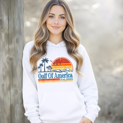 gulf of america est 2025 white hoodie retro coastal sunset graphic