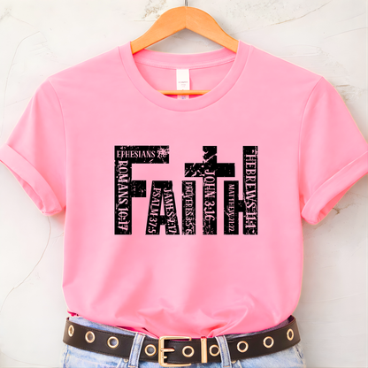 Pink unisex Christian t-shirt lifestyle image with faith cross design