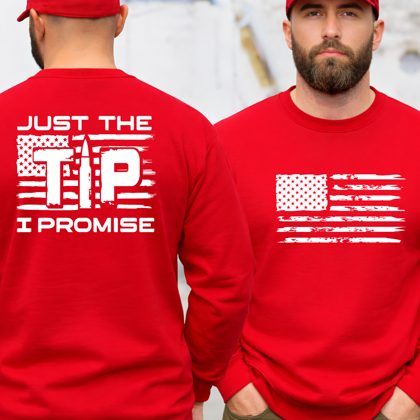 Man wearing a red sweatshirt with an American flag design on the front and text on the back.