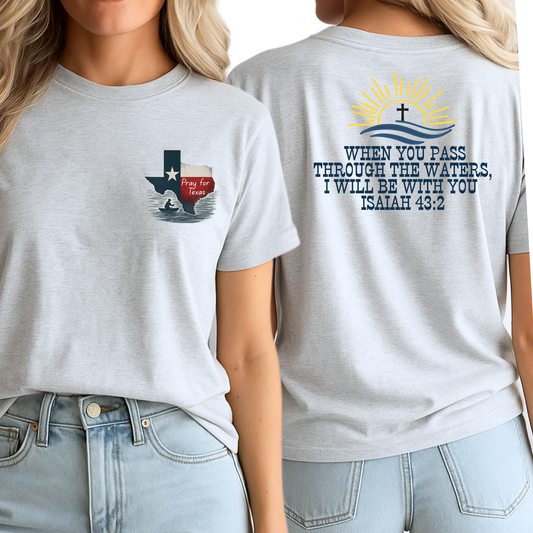 Gray t-shirt with Texas design and Bible verse on a person wearing light blue jeans.