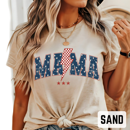 Sand MAMA USA T-shirt with vintage stars and red lightning bolt, casual patriotic style


