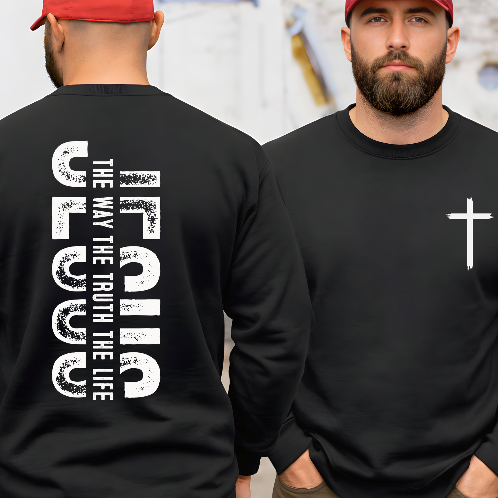 Black Christian sweatshirt with black cross chest graphic and Jesus The Way The Truth The Life back design