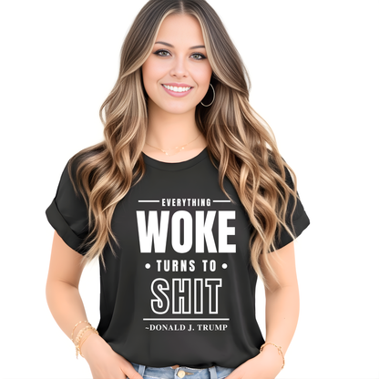 Woman wearing a black t-shirt with a quote on it, standing against a white background