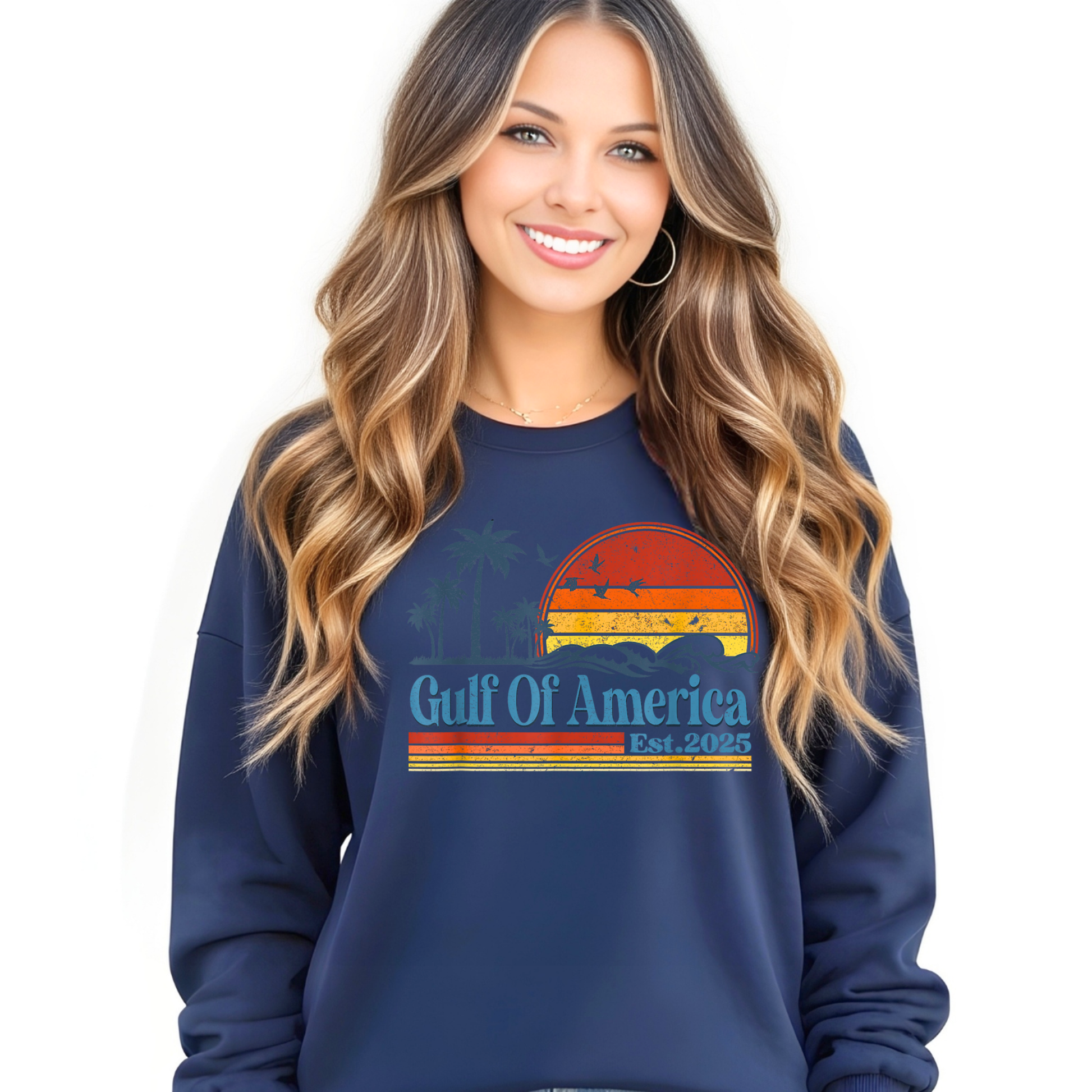 Woman wearing a navy blue sweatshirt with 'Gulf Of America' design on a white background