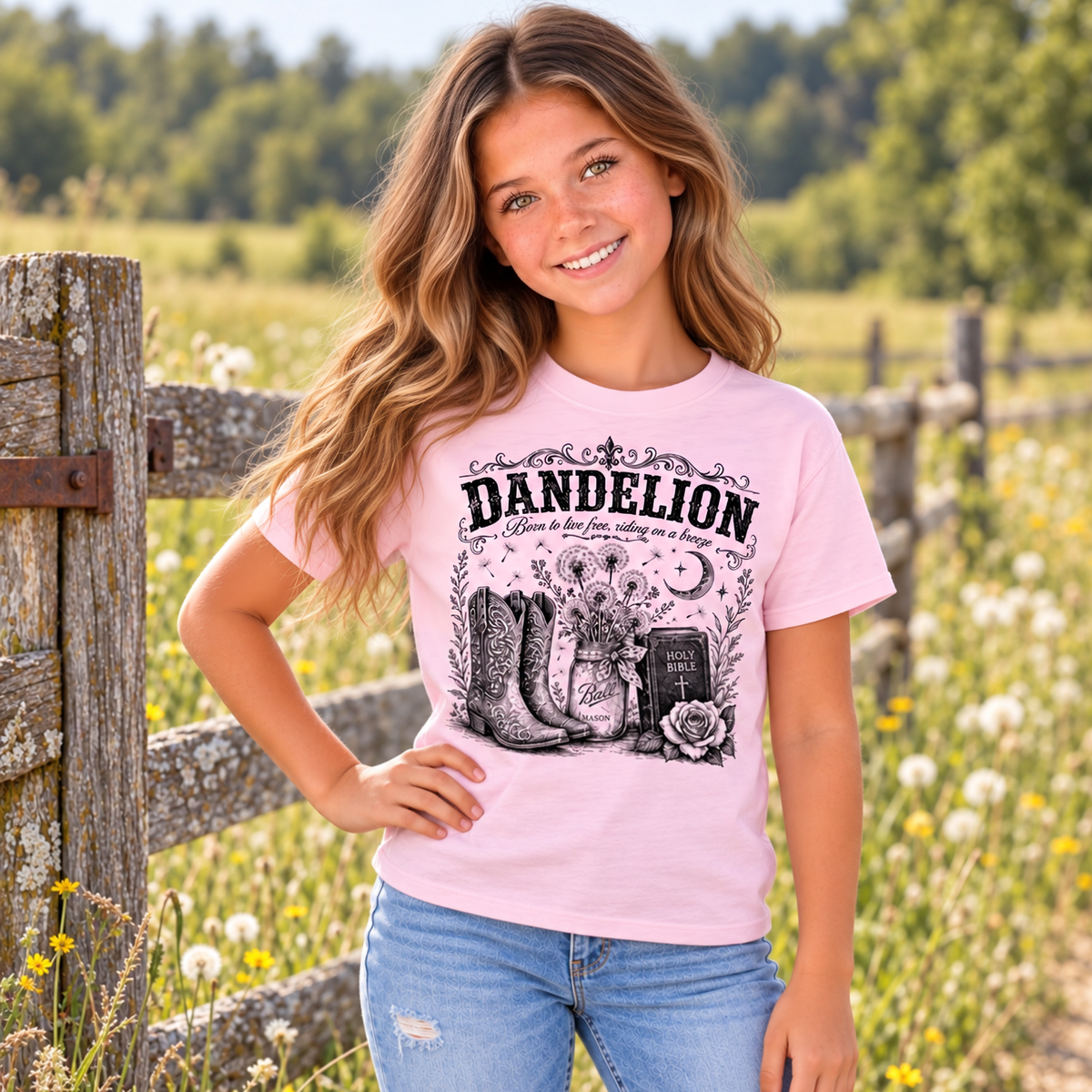 Girl wearing a light pink youth Dandelion graphic T-shirt with cowboy boots, Bible and flowers beside a rustic fence in a meadow.