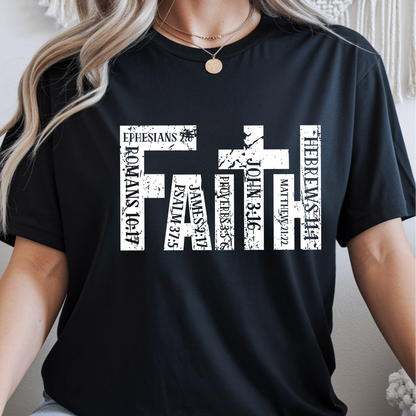 Person wearing a black t-shirt with white FAITH design