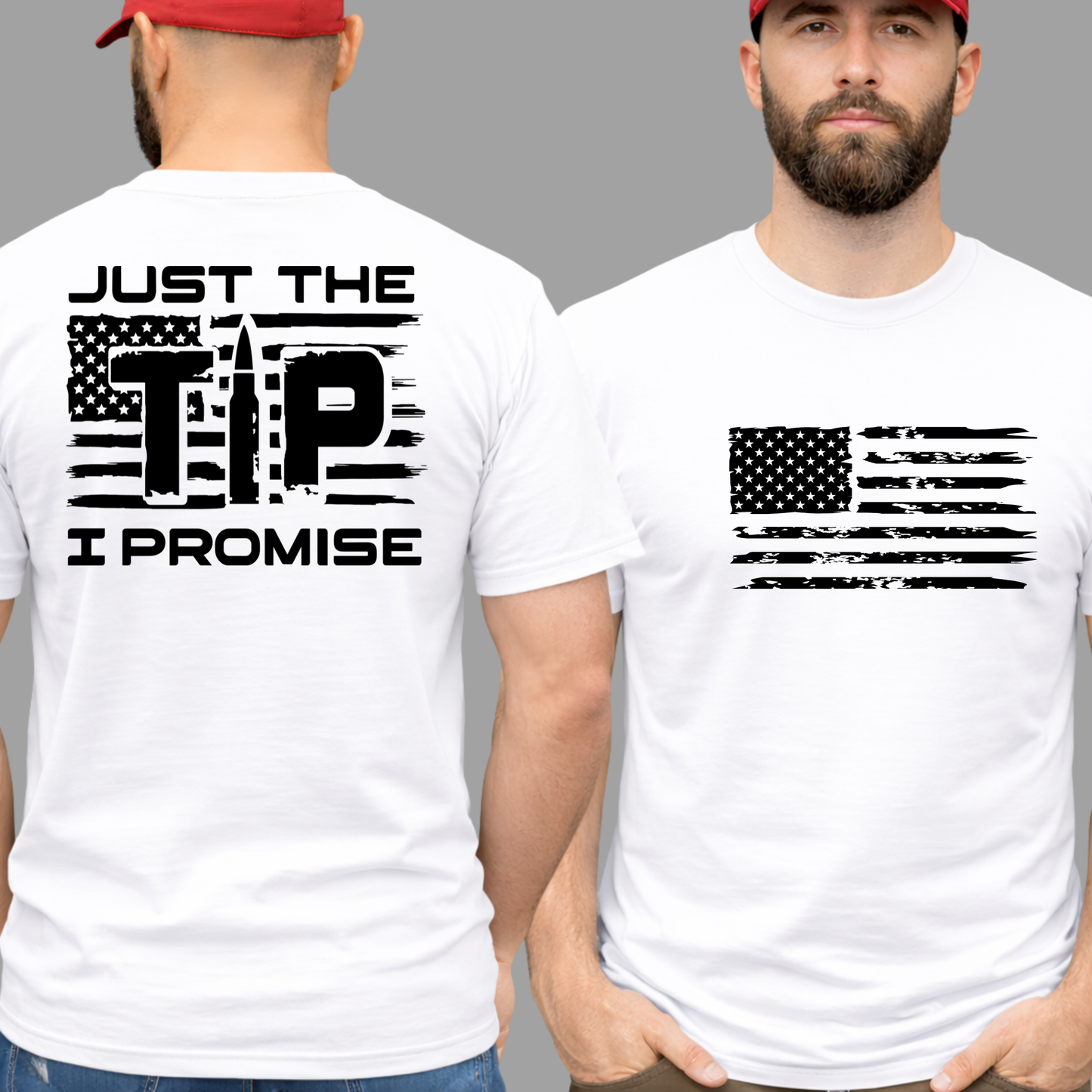 White t-shirt with American flag design and text worn by a person, displayed from front and back.