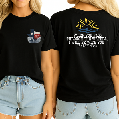 Two black t-shirts, one with a Texas flag design and the other with a religious quote, worn by two people.