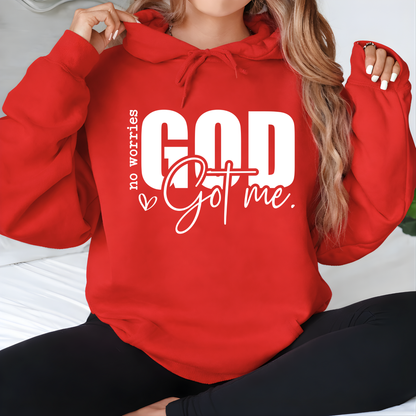 Woman wearing a Red Christan Hoodie with text "No Worries GOD Got me"