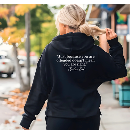 Black FREEDOM women’s hoodie back view with quote