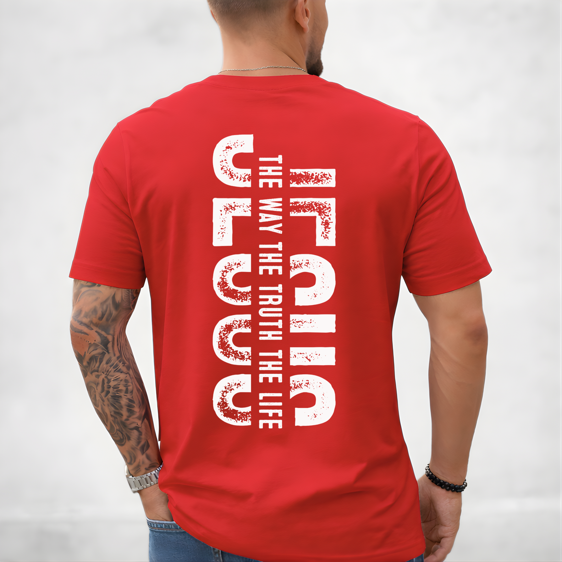 Red Christian t-shirt back close up with distressed Jesus The Way The Truth The Life vertical design