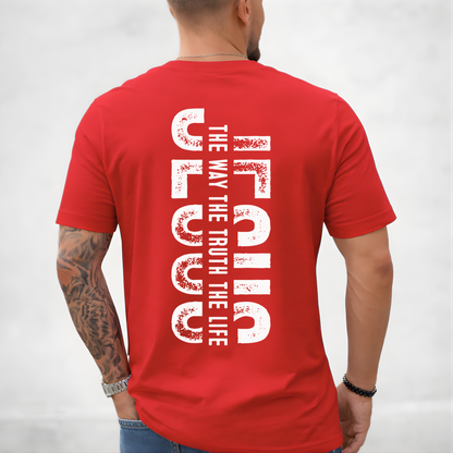 Red Christian t-shirt back close up with distressed Jesus The Way The Truth The Life vertical design