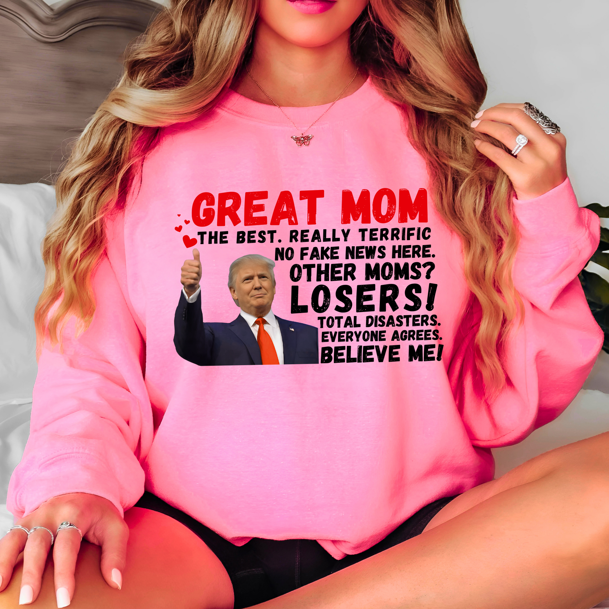 Show your mom she’s the best with this hilarious Great Mom Trump Sweatshirt! Featuring bold text and an iconic thumbs-up image, this design plays on a famous speech style, making it a funny, patriotic, and conservative-friendly gift for Mother’s Day, birthdays, or just because.