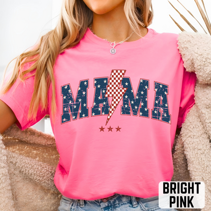 Bright pink MAMA T-shirt with patriotic USA stars and red lightning bolt, perfect for July 4th