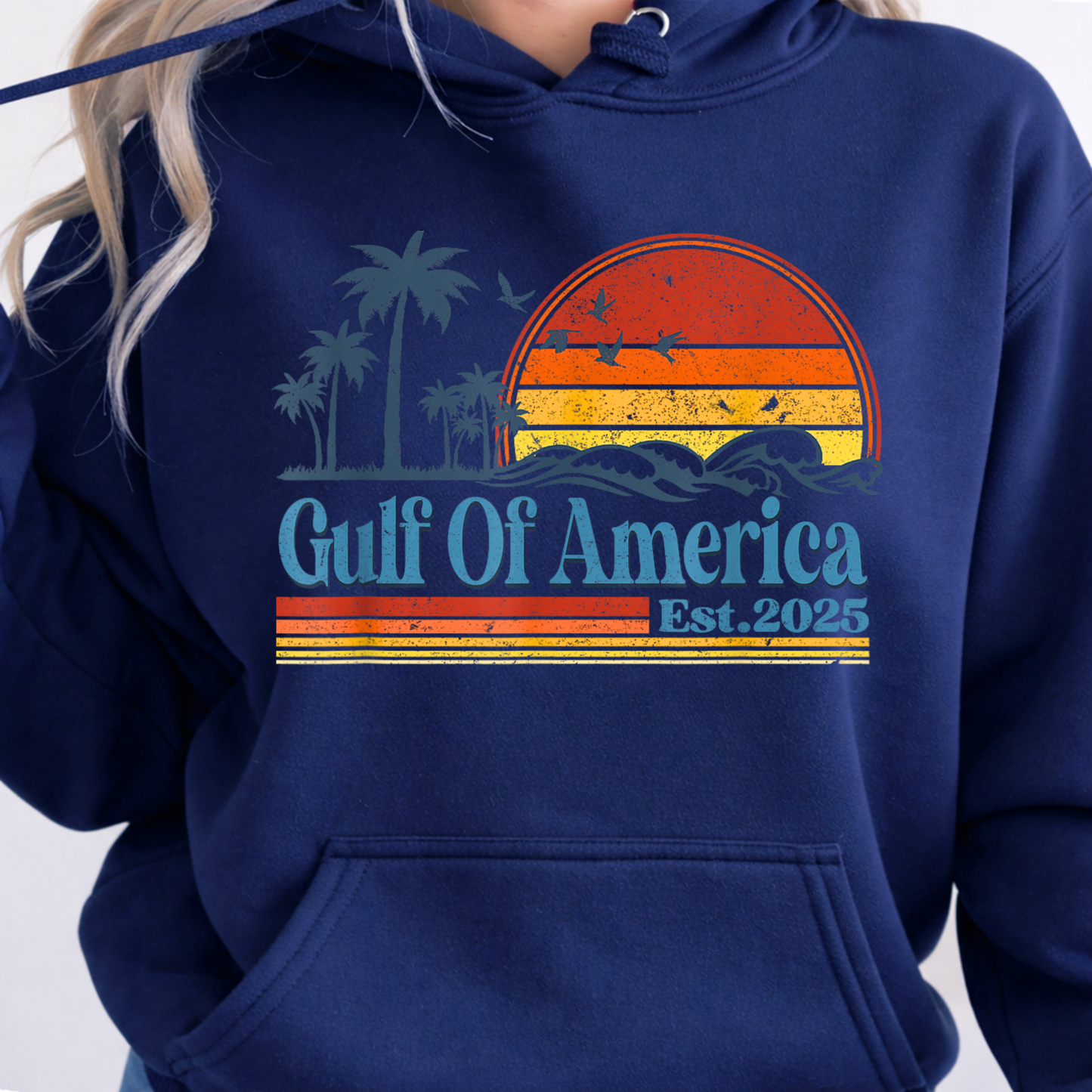 Navy blue hoodie with 'Gulf Of America Est. 2025' design on a plain background