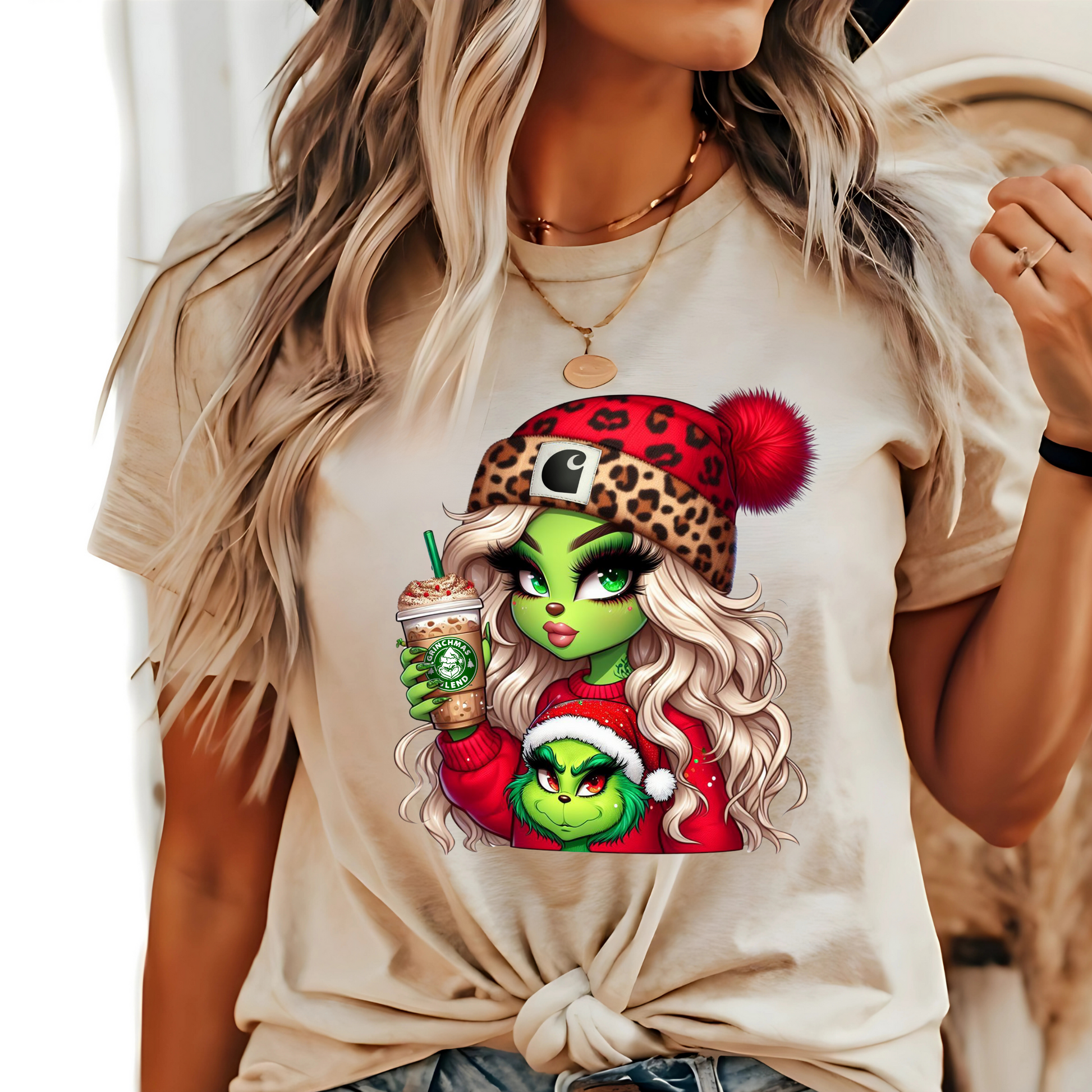 Sand color shirt styled with holiday necklace and wavy hair